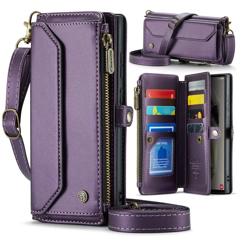 

Lanyard Leather Zip Wallet Card Phone Case For Samsung Galaxy Note 20 Ultra 10 Plus S24 S23 S22 S21 S20 FE S10 Crossbody Cover Samsung S25
