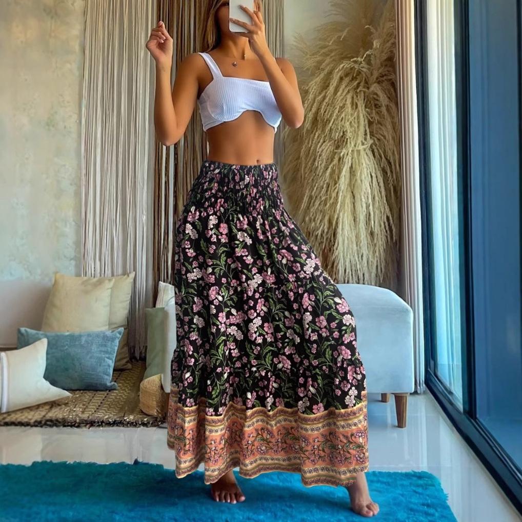 Women's Summer Elastic Waist Loose Long Printed Skirt