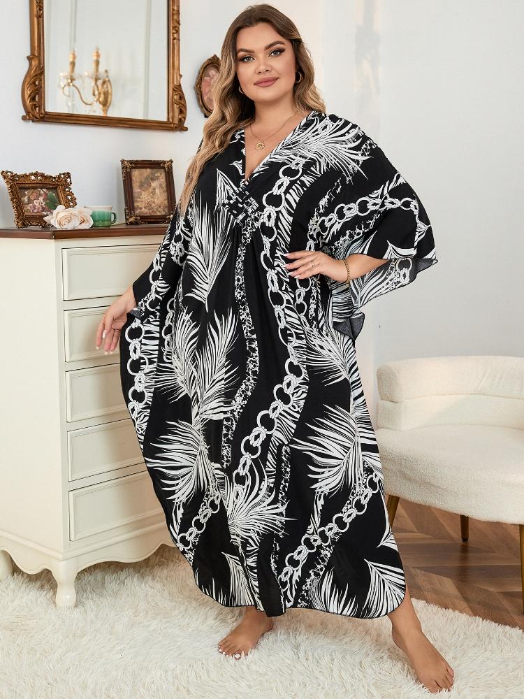 EDOLYNSA Black Kaftan Women's Hot Selling Long Dress Robe Chinese Knot Auspicious Knot V-neck Beach Wear Batwing Sleeve Homewear Q1297