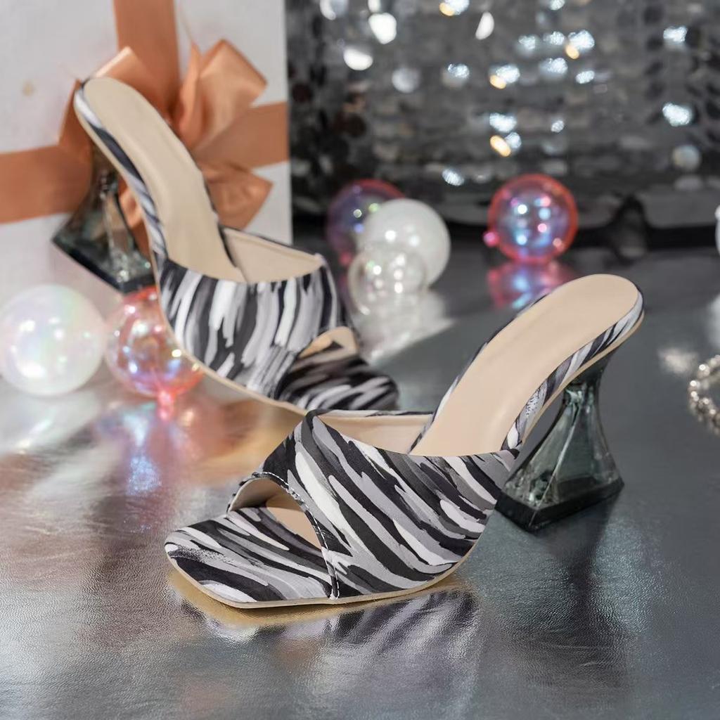 European and American Large Size Wear Large Size Shoes Thick Heel One-word Slippers Candy Color Elegant Temperament Medium Heel Cool Slippers