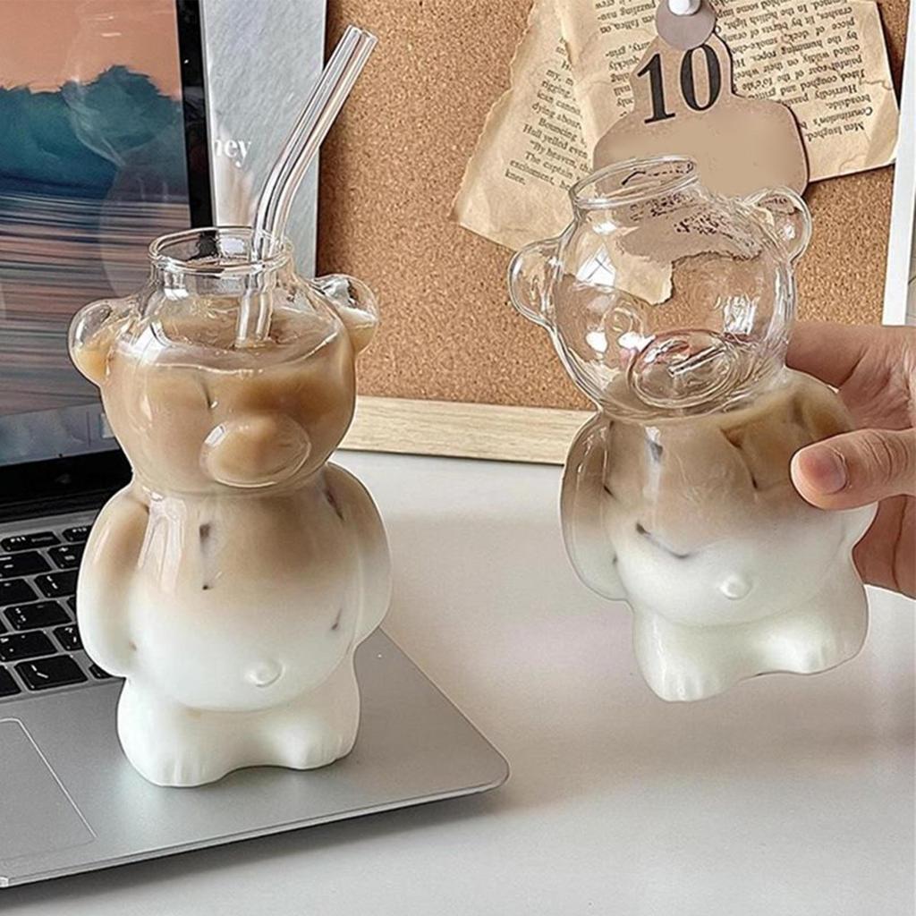 320ml Cute Bear Shaped Coffee Mug Cartoon Bear Glass Cup with Straw Transparent Cup Birthday Christmas Gift for Kids Friends