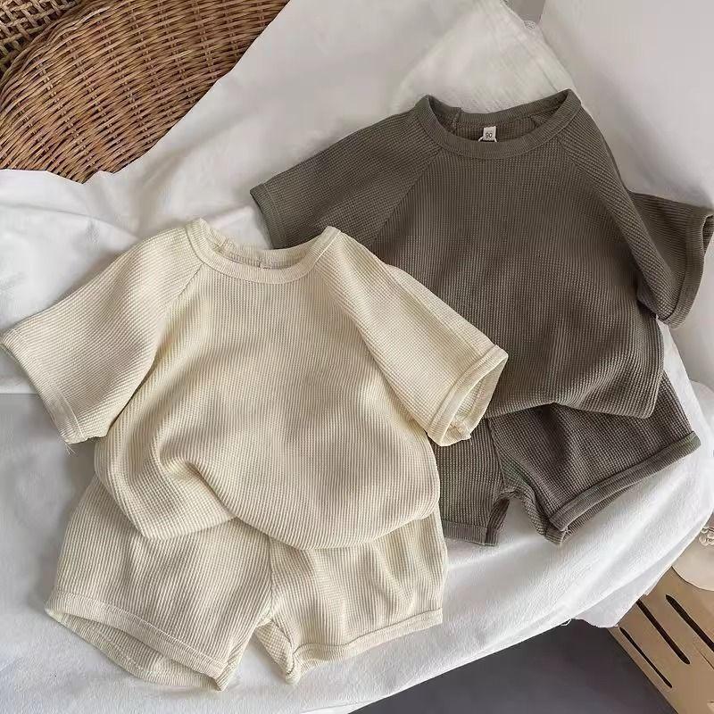 

Комплект детской домашней одежды Mori Style высокого качества, корейский, вафельный, с коротким рукавом, для мальчиков и девочек Size 80