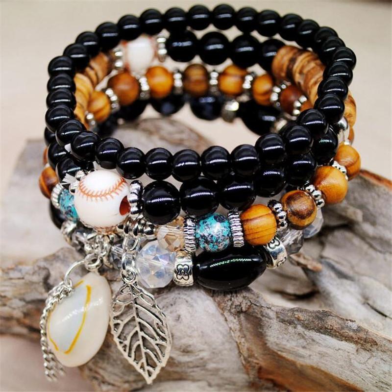 DIEZI Ethnic Tassel Crystal Beads Bracelets for Women Girls Gift Elastic Rope Shell Leaves Charm Wrap Bracelet pulseira feminina