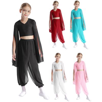Girls V Neck Crop Top Split Flared Sleeve Dance Outfit with Pants for Classical Performance Practice