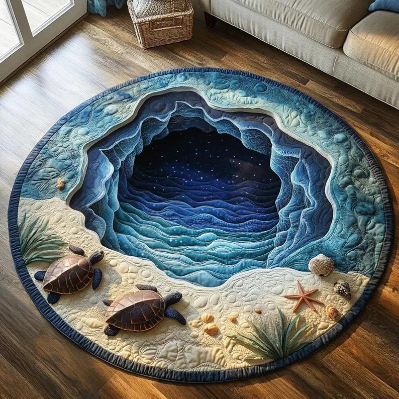 

2D Ocean Cave Turtle Area Rug Round Marine Life Decor Non - Slip Carpet Perfect for Living Room/Bedroom Coastal Home Style 80cm x 80cm