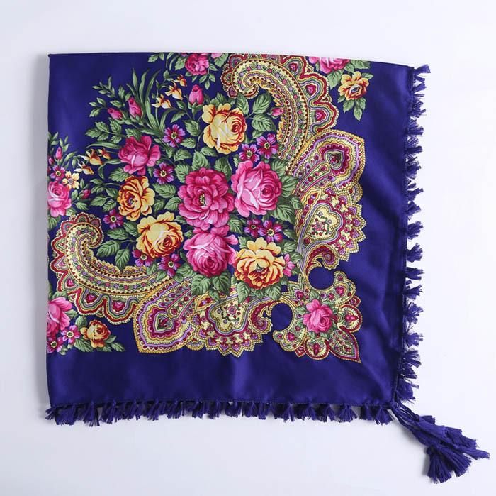 90*90CM Women Russian Style Peony Floral Printed Long Tassel Large Square Scarf Warm Wrap Traditional Ethnic Mexican Shawl