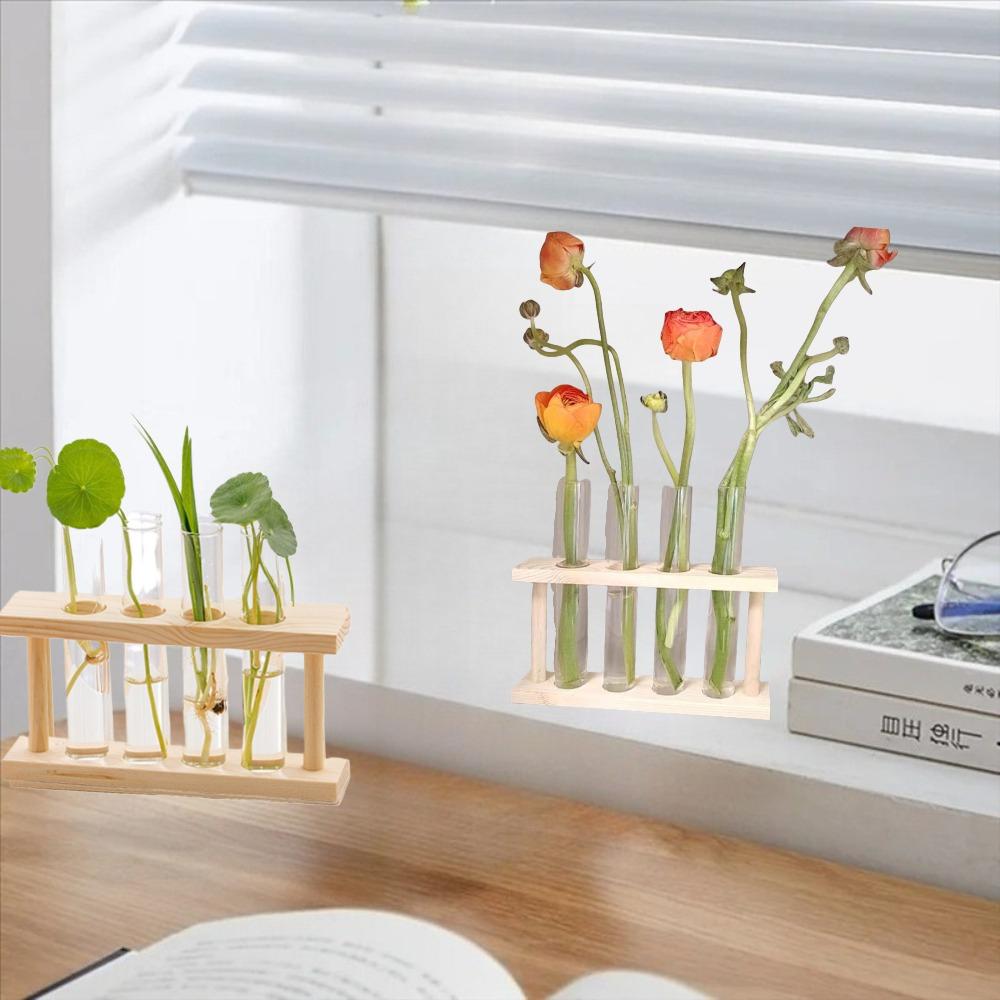 Modern Nordic Wooden Frame Hydroponic Test Tube Vase Hydroponic Green Plant Container Creative Crafts Decoration for Home Office