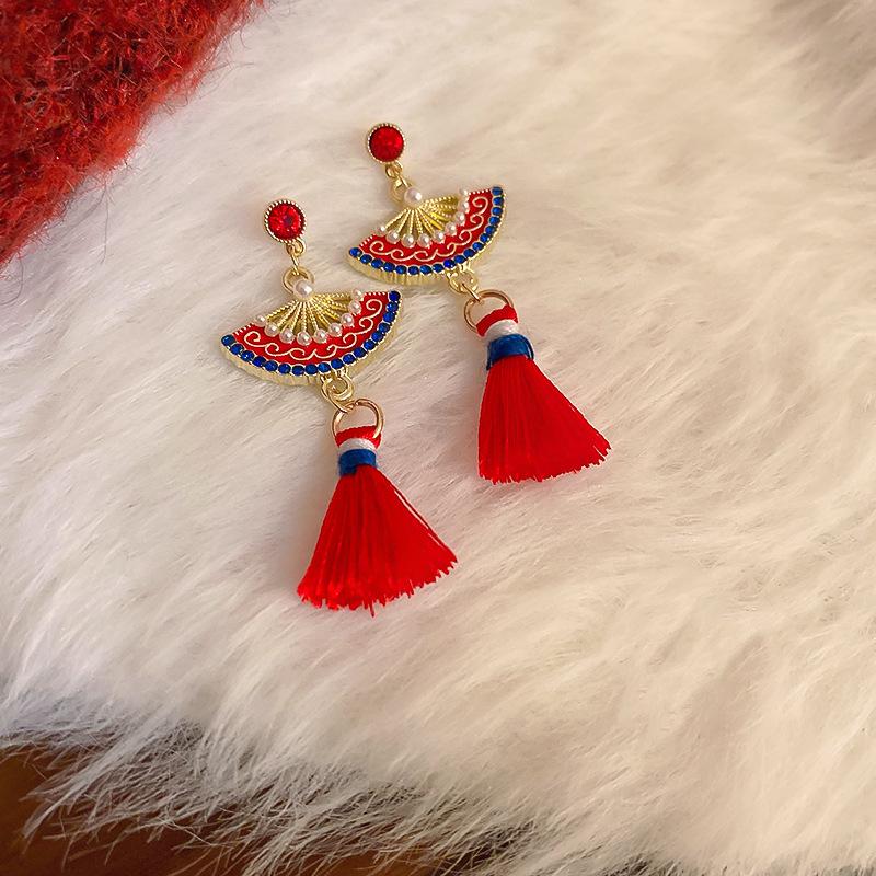 

Праздничные красные серьги-кисточки из серебряной иглы - Ретро нишевые высококлассные серьги-гвоздики для Нового года