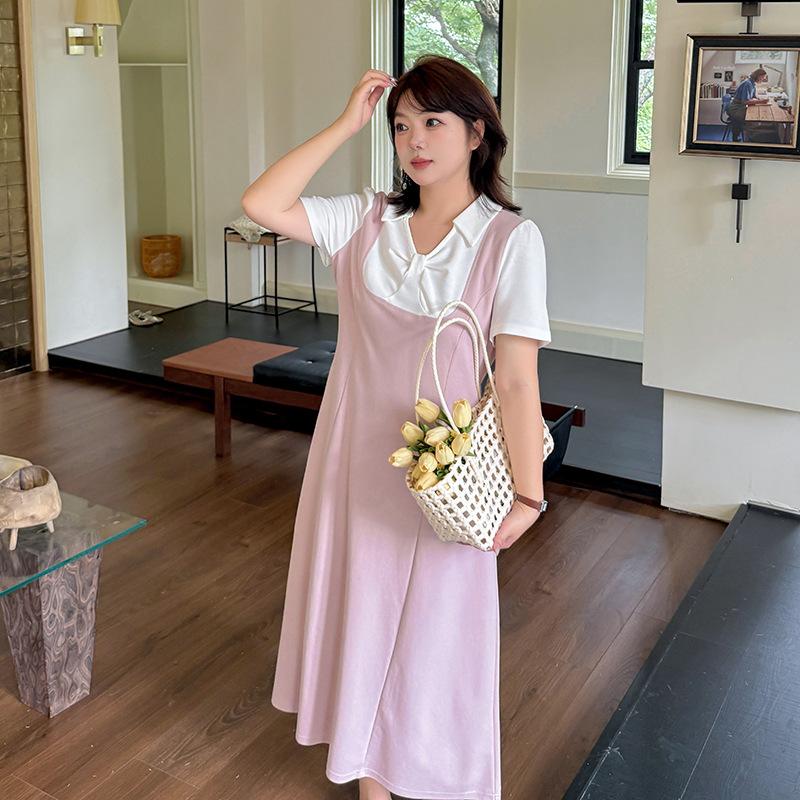Large Size Summer New Fat MM Waist Fake Two-piece Lapel Kink Design Women's Medium and Long Dress 262558