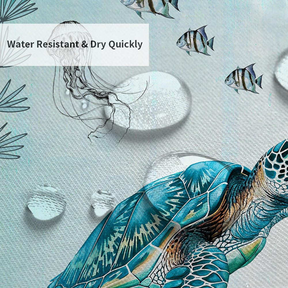 Ocean Theme Shower Curtain – Sea Turtle, Octopus, Jellyfish & Fish Print In Blue Teal, Coastal Bathroom Decor With Hooks