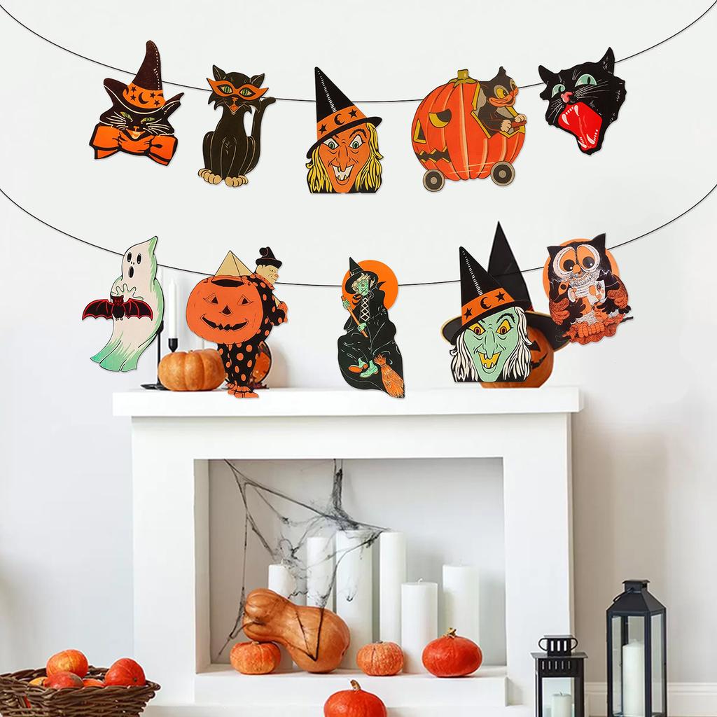 Vintage Halloween Pumpkin Black Cat Witch Owl Hanging Banners Decorations Halloween Trick or Treat Home Wall Party Festival Room
