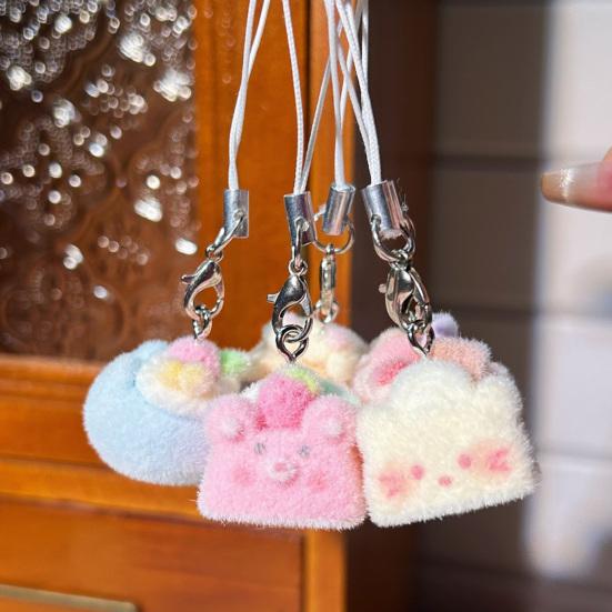 Decorative Pendant with Lanyard Flocked Cake Dog Pig Bear Shape Keychain Bag Charm Mobile Phone Hanging Ornament