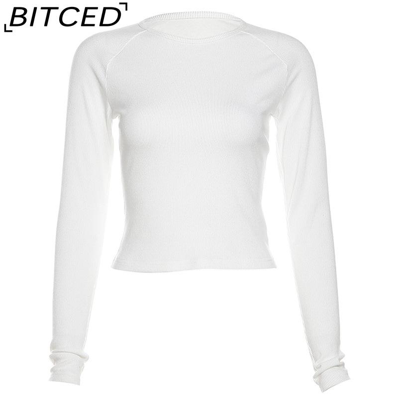 

BITCED Осенне-зимний уличный стиль, женский кроп-топ с длинным рукавом и круглым вырезом с принтом L белый