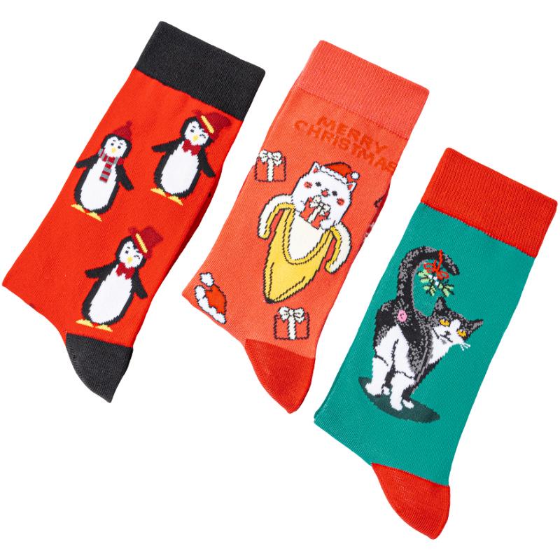 Four Seasons Penguin Christmas Bear Cotton Mid-Calf Socks for Men and Women