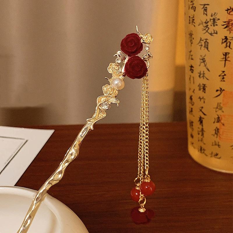 Retro Red Hair Stick Chinese Style Hanfu Tassel Women Flowers Chopsticks Alloy Hairpin Woman Jewelry Hair Clip Accessories