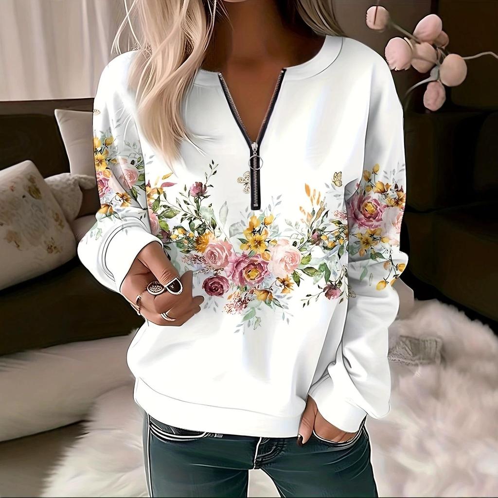 Sweat à capuche imprimé pour femme, coupe ample, demi-fermeture éclair, collection Automne-Hiver 2023