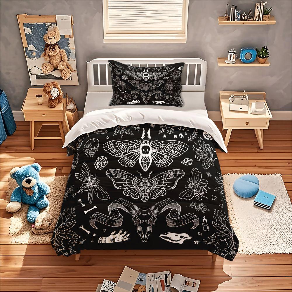 2/3Pcs Gothic Moth Skull Duvet Cover Set(1 Duvet Cover & 1/2 Pillowcase) Soft Bedding Set Aesthetic Dark Decor for Bedroom