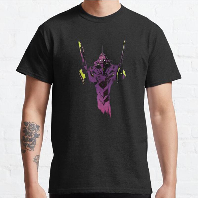 Plus Size Anime Evangelion Printed Unisex T Shirts Round Neck Cotton Tops Summer Casual Black Tees