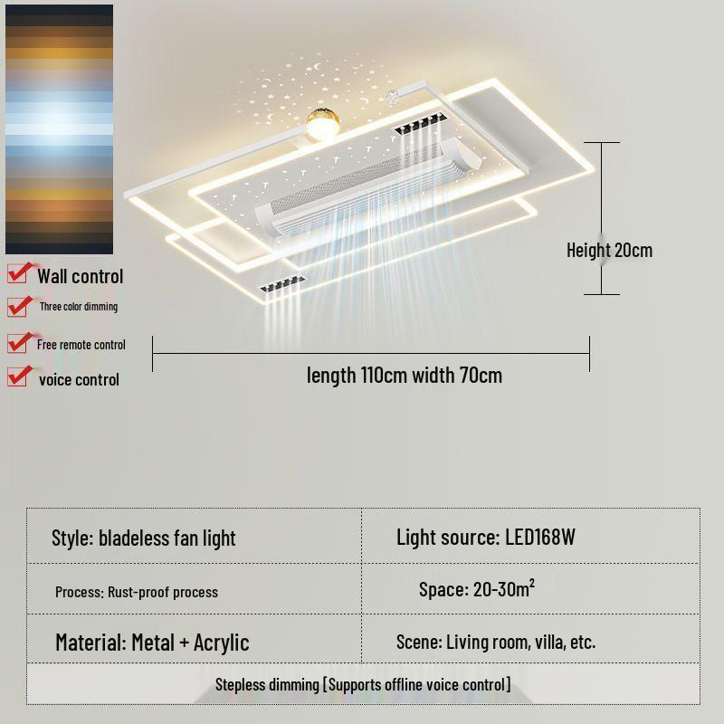 Smart Voice-Controlled Leafless Ceiling Fan Light for Living Room/Bedroom, Tricolor, Stepless Dimming, 110V.