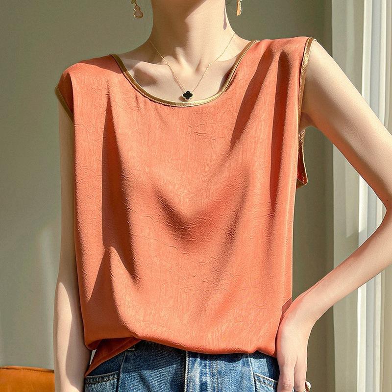 Summer Women's Vest Silk Round Neck Sleeveless Solid Top Vests
