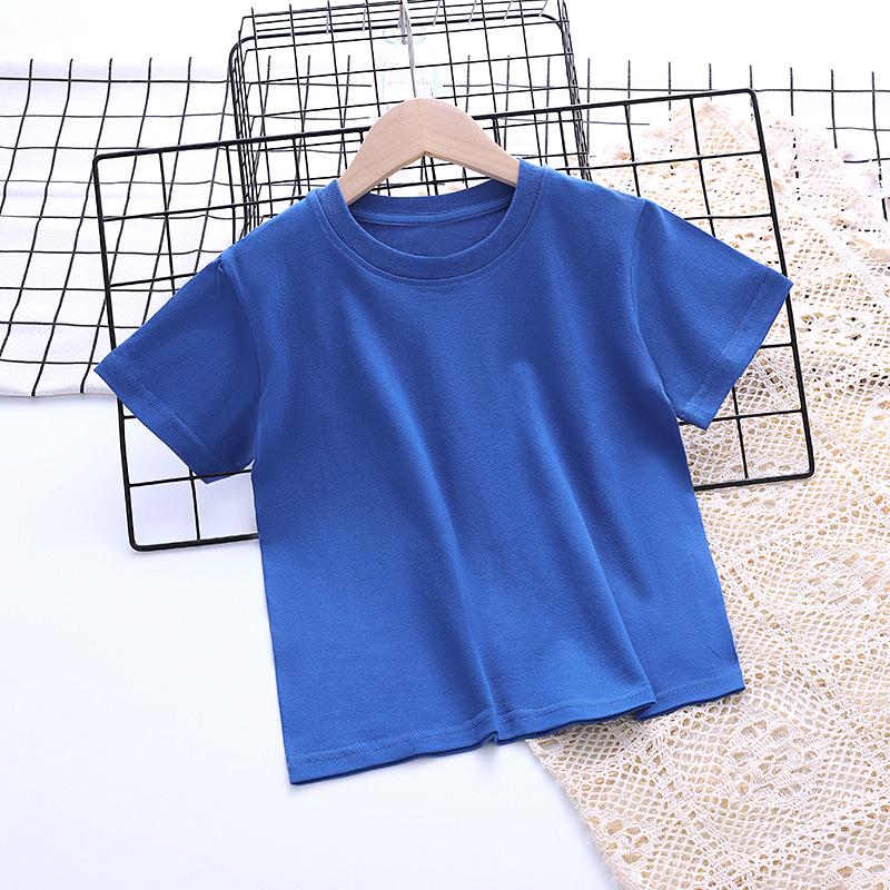 Kids' Cotton Short-Sleeve Round Neck T-Shirt with Logo, Candy Color, Primary School Uniform.