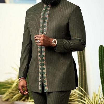 2026 African Ethnic Men's Striped Embroidered 2-Piece Casual Suit Set