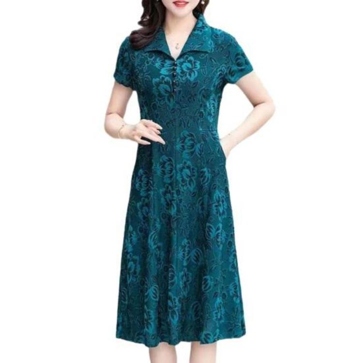 Spring Fall Floral Printed V Neck Lapel Collar Short Sleeves A-Line Midi Dress Casual Knee Length Dress for Women Middle Aged Ladies