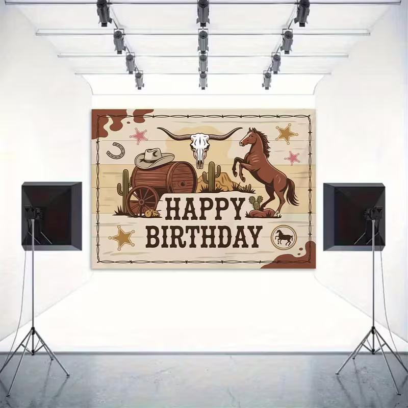 2D Western Happy Birthday Photography Backdrop, Cowboy Horse & Cactus Decor
