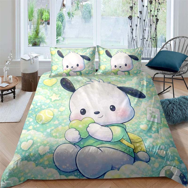 The new cartoon Pochacco dog themed three piece bedding set for 2026, including duvet covers and pillowcases, is the perfect cho