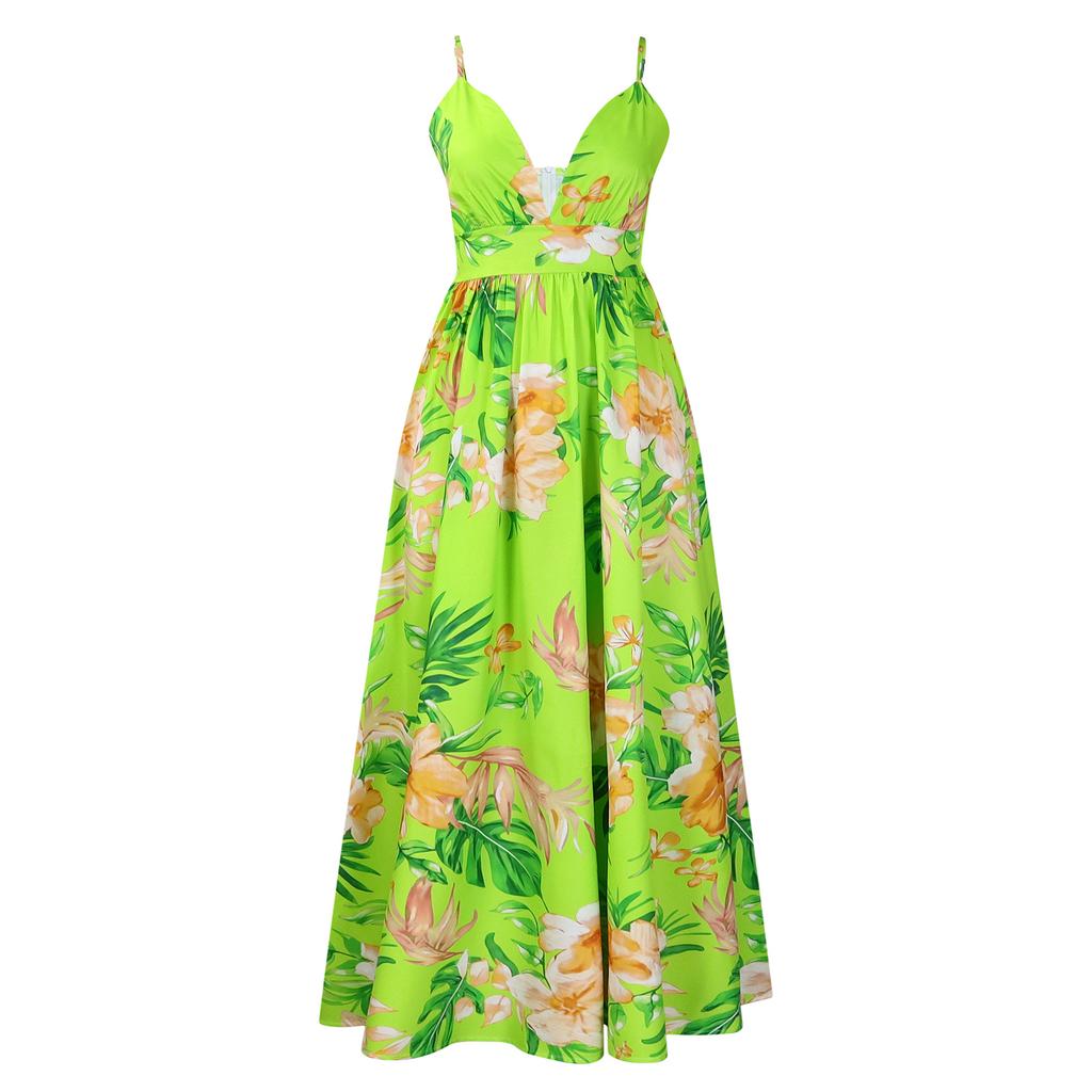 Spring and Summer Fashion Temperament V-neck Suspender Printed Beach Long Skirt Sexy Fashion Casual Women's Dress