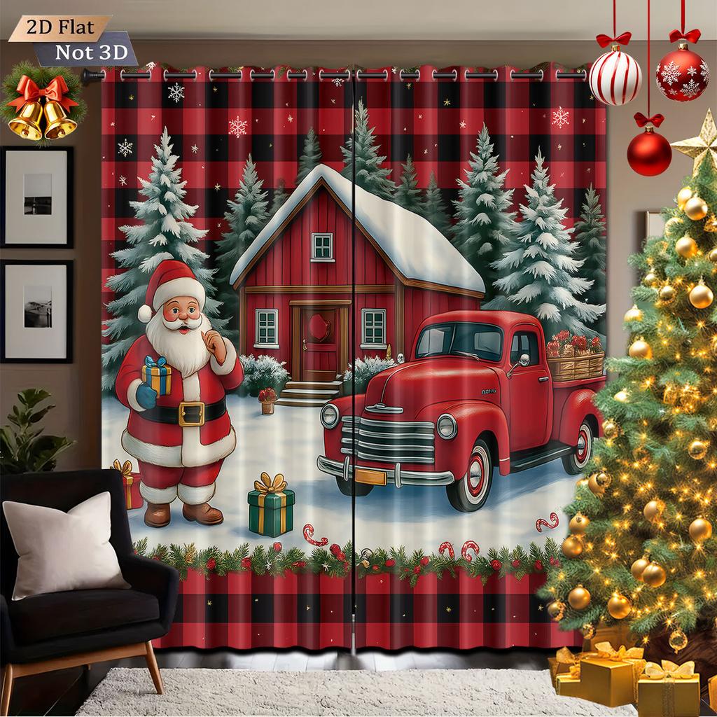 Set Of 2 Christmas House Santa Claus Red Print Perforated Curtains Multiple Sizes Living Room Bedroom Insulation Decoration Curtain Blackout Polyester