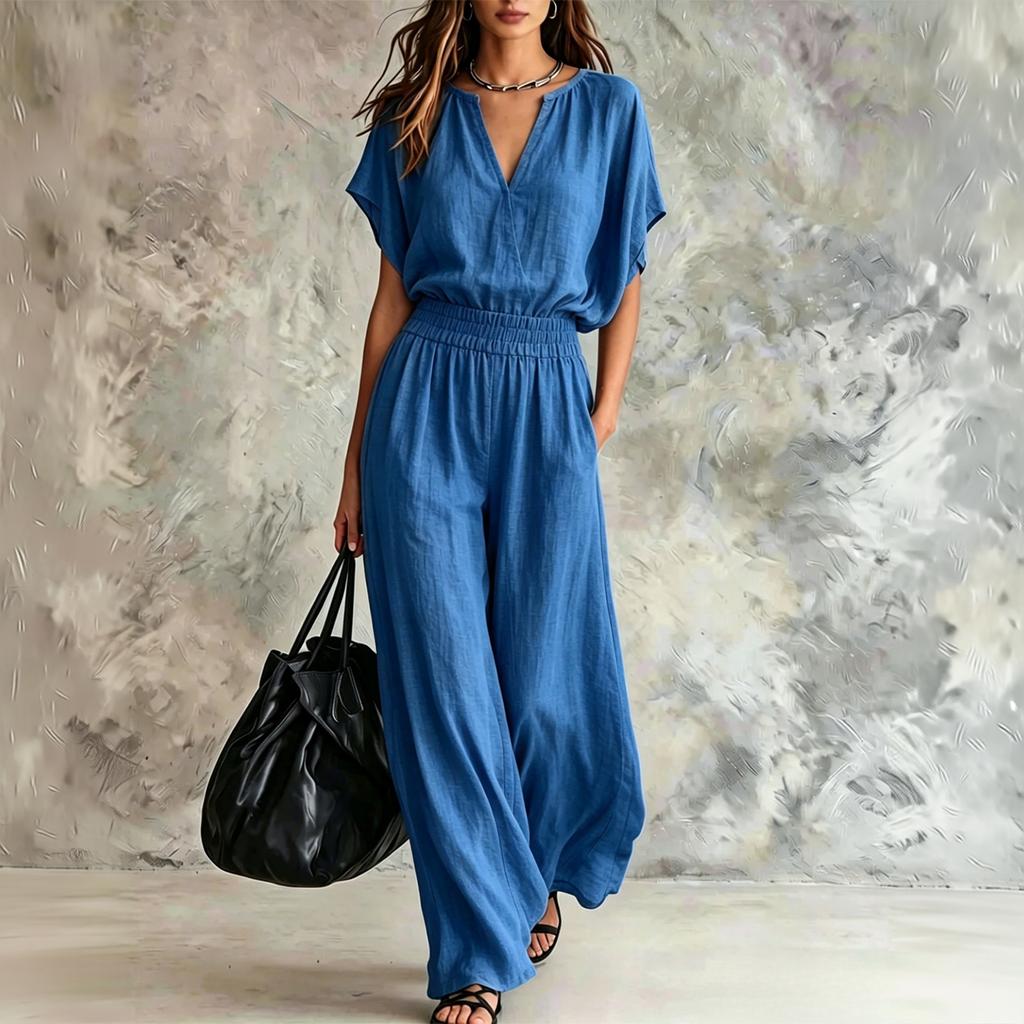 Damen Freizeit Zweiteiler V-Ausschnitt Kurzarm Lockerer Oberteil und Weite Hosen Elastische Taille Loungewear Sommer Outfit