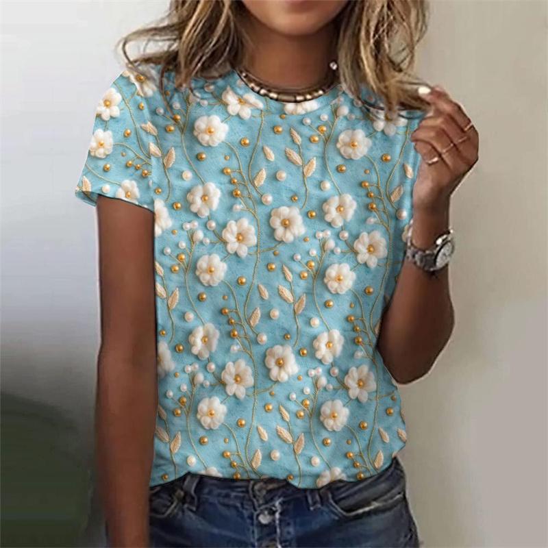 Camiseta feminina com estampa de flores e folhas em 3D, manga curta, estampa de plantas, gola redonda, casual, verão, camisetas femininas, camisetas grandes