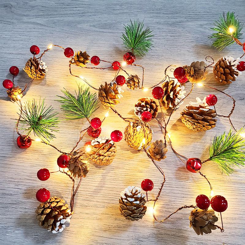 Christmas Pine Cone LED String Lights: Festive Holiday Rattan Bells for Yard & Hanging Decor.