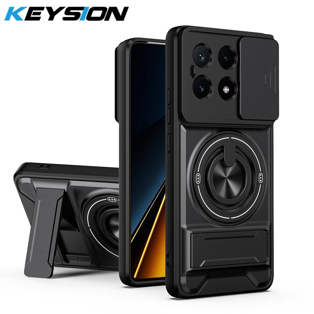 KEYSION Magnetic Phone Case for Xiaomi POCO X6 Pro 5G Slide Camera Lens Protection Upright Kickstand Ring Shockproof Back Cover