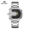 Fashion Men Irregular Tonneau Shape Quartz Watch Creative Rotating Dial Stainless Steel Bracelet Wristwatch