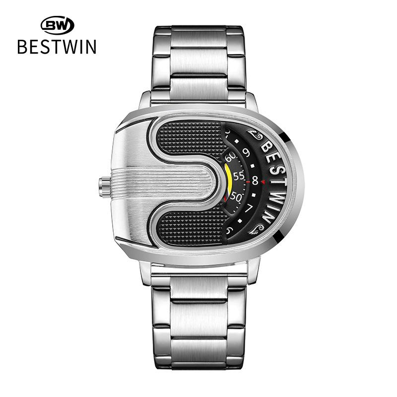 Fashion Men Irregular Tonneau Shape Quartz Watch Creative Rotating Dial Stainless Steel Bracelet Wristwatch