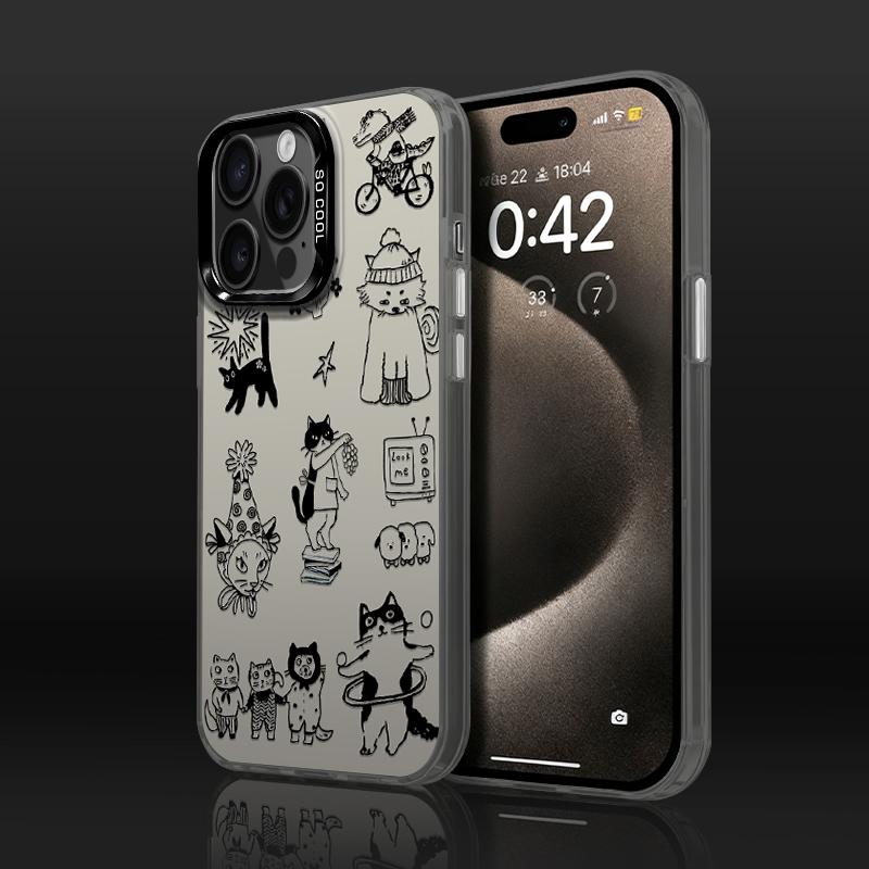 Stylish Black And White Cartoon Cats Pattern Phone Case For iPhone 17/16/17E/16E/15/14/13/12/11 Pro Max