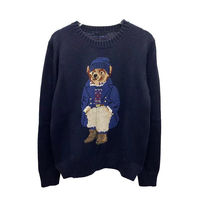 Cartoon Bear Embroidered Jacquard Knit Sweater - Women's Long Sleeve Round Neck