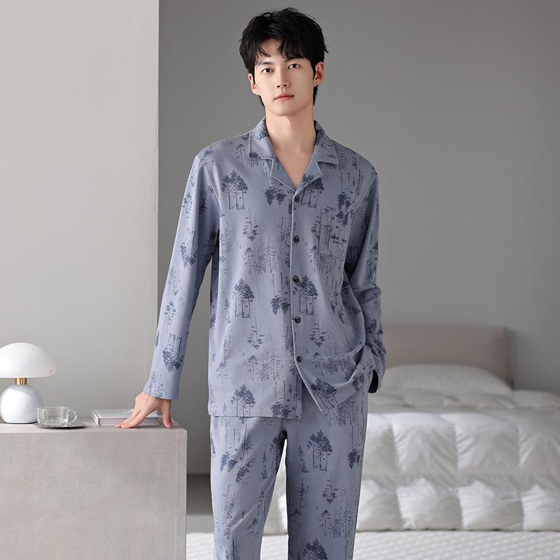 Pyjama Herren Frühling und Herbst Herbstmodelle Reine Baumwolle Langarm Baumwolle Herren Hausanzug Kann Draußen Getragen Werden Herrenmodelle