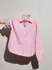 Women's Korean-Style Pink Striped Polo Long-Sleeve Shirt, Loose Fit, Versatile for Early Autumn
