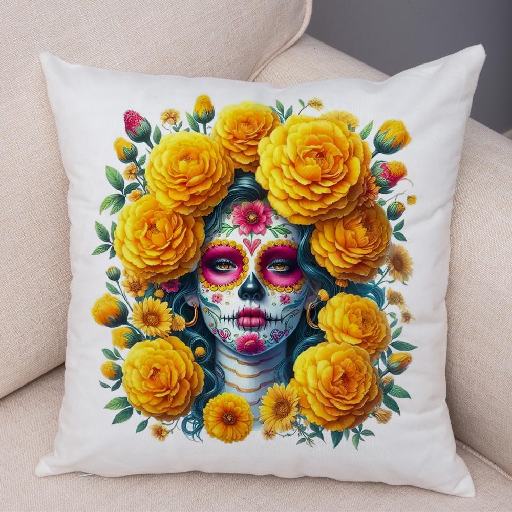 Vibrant Dahlia Sugar Skull Pillowcase Double Print Red Rose Skull Cushion Cover Soft Plush Pastel Floral Skull Pillowe Case