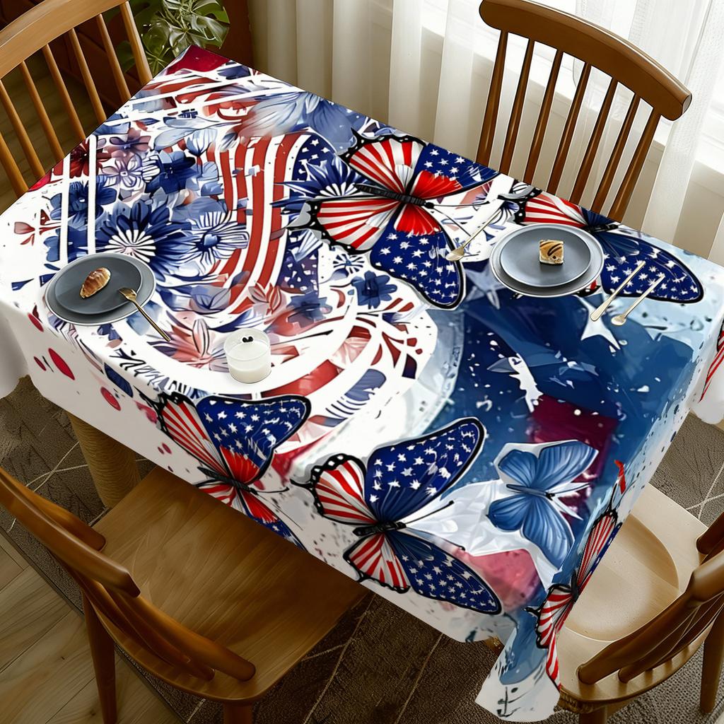 1pc, Stars and Stripes Butterfly Tablecloth, Durable Polyester Printed Tablecloth, Featuring Multiple Butterflies, Ink Splatters, Floral Patterns, and