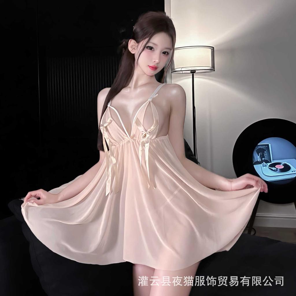 Night Cat New Sex Underwear Butterfly Pure Desire Sexy Breast Bell Mesh Ice Silk Perspective Suspender Nightdress Uniform Set