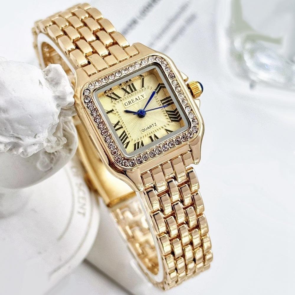Elegant Women's Gold Square Watch with Silver Stainless Steel Band - Perfect Gift for Students