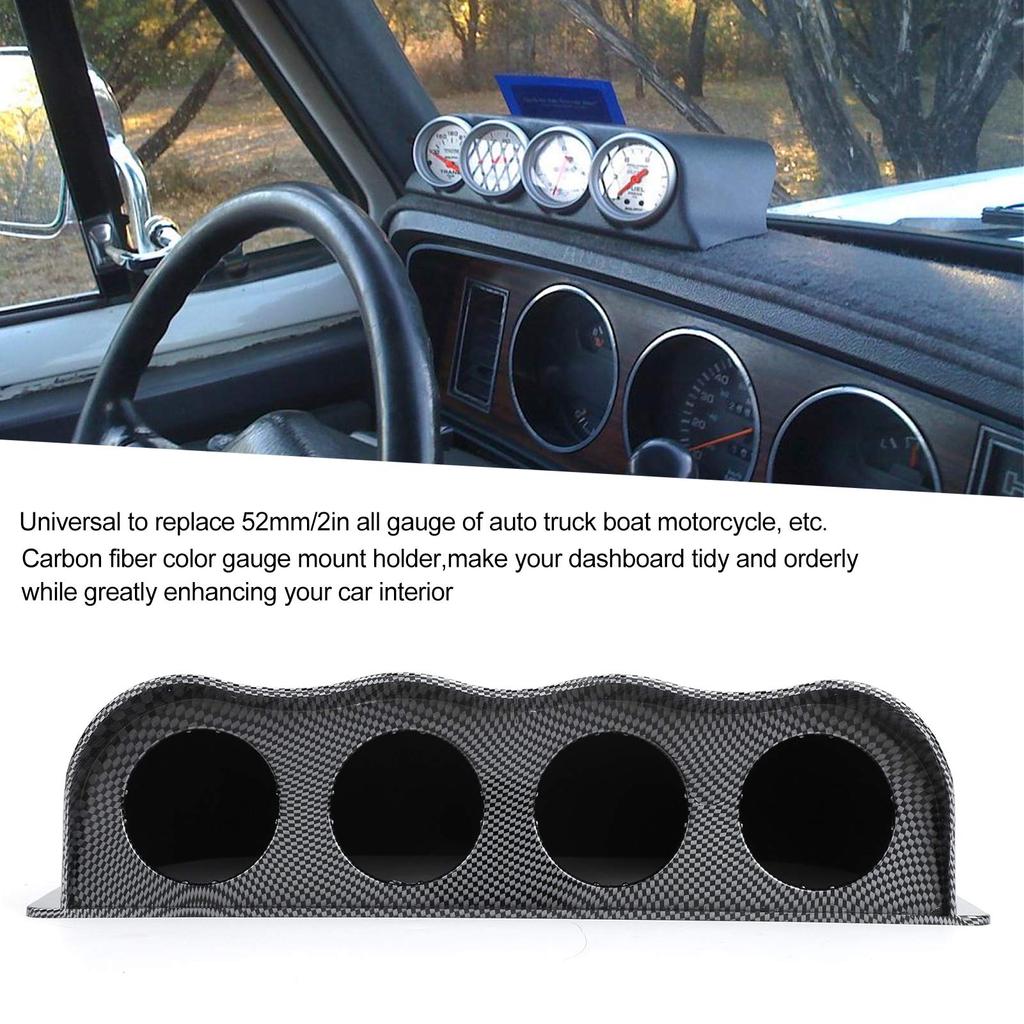 Qiilu Universal 4-Hole Gauge Mount Holder Quad Dash Meter Pod Instrument Panel Cover Carbon Fiber Style + Universal 52mm Gauge Mount + Automotive/Repl