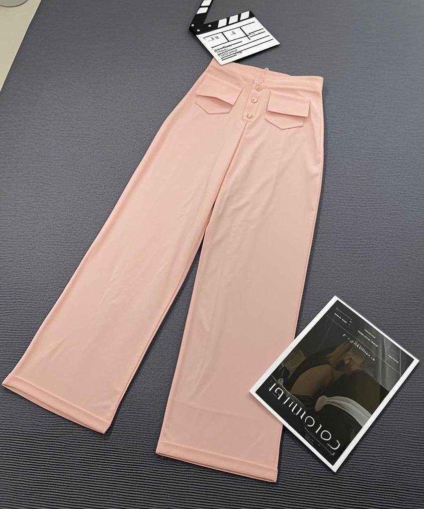 Women's High Waist Wide Leg Pants with Button Detail In Red Brown