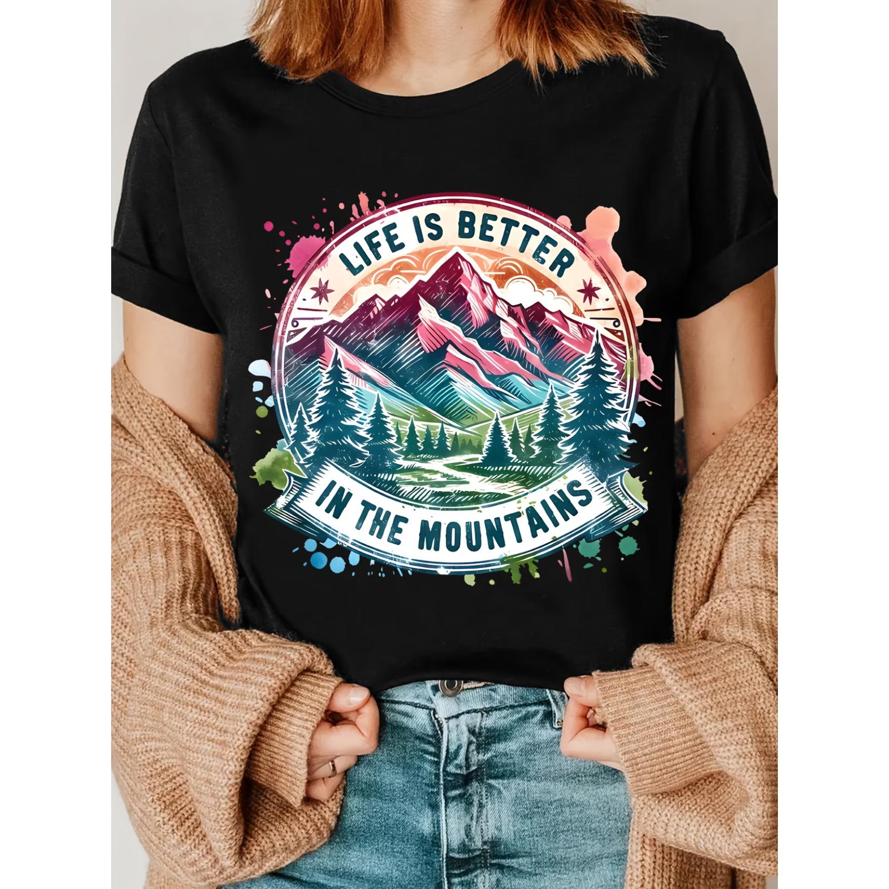 

Женская повседневная футболка с коротким рукавом - Графический принт Жизнь лучше в горах S чёрный