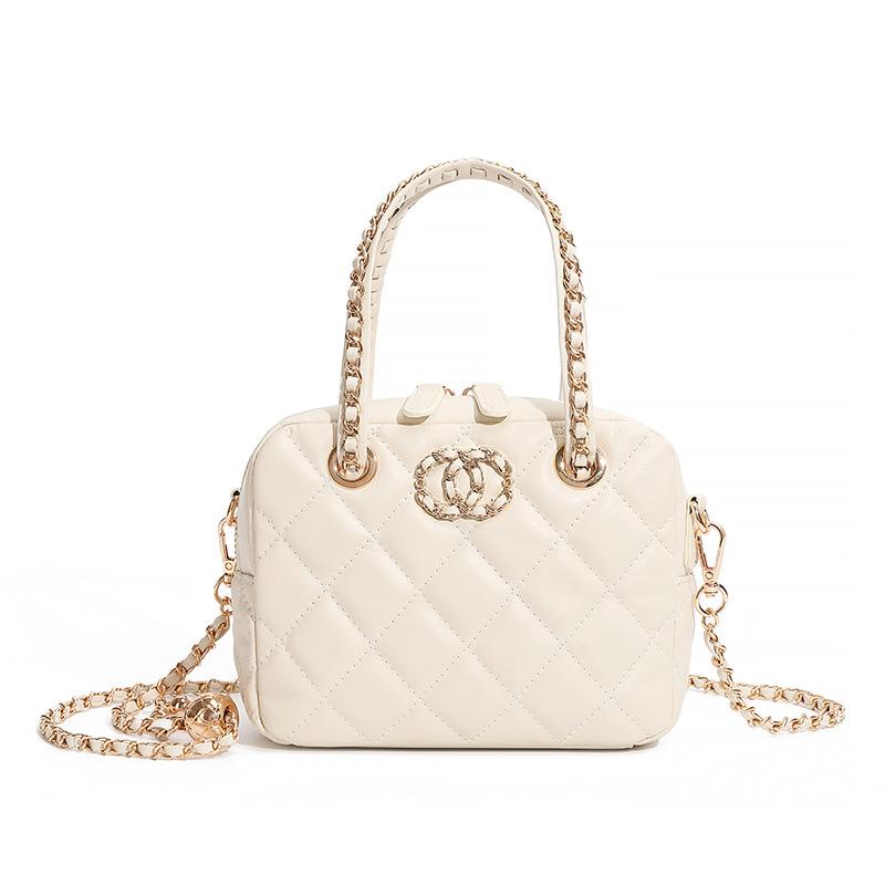 

Genuine Leather Style Quilted Bag Handheld Camera Bag High-End Top Layer Leather Quilted Chain Bowling Bag Crossbody Bag 18*7*14 бежевий