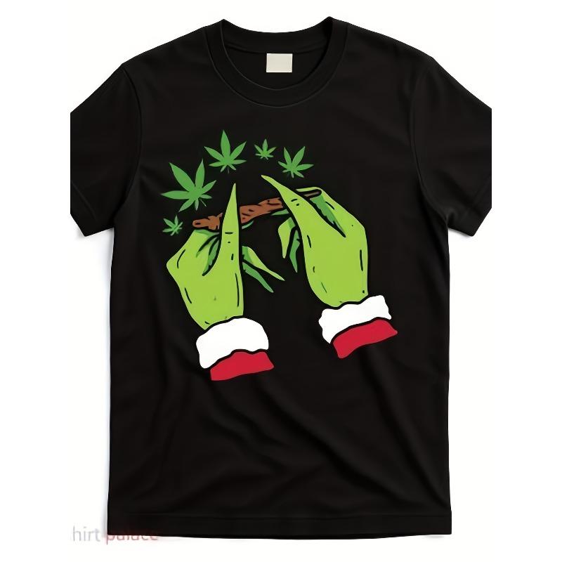 European Sizes Men's Graphic T-Shirt - Retro Leaf Design with Santa Hands & Joint Art, Funny Christmas Weed Rolling Blunt